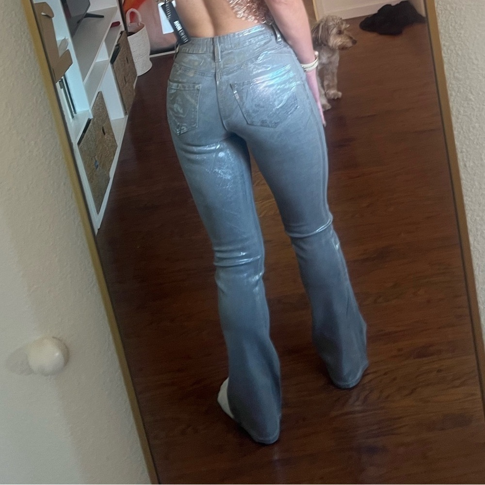 Fashion Nova ‘Shine Bright’ Mid Rise Silver Foil Bootcut Jeans Size 3/25 | NWT - Picture 3 of 6